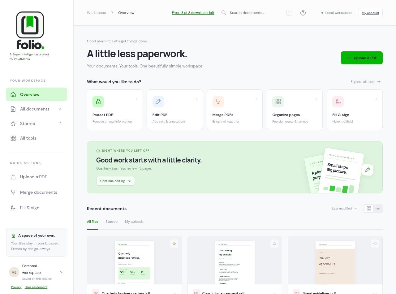 Folio PDF workspace with local documents, green editing tools, and the free weekly download allowance